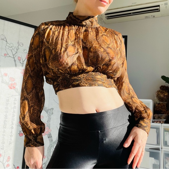 Zara Python Gold Dramatic Balloon Sleeves Sheer Crop Top - Picture 6 of 16